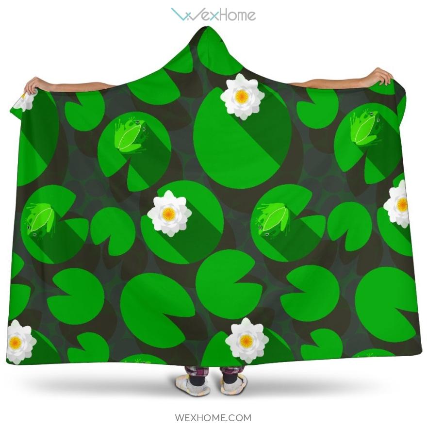 Frog Waterlily Pattern Hooded Blanket