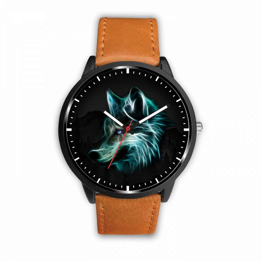 3D Neon Wolf Watch – Stainless steel back with leather/ stainless steel band 005