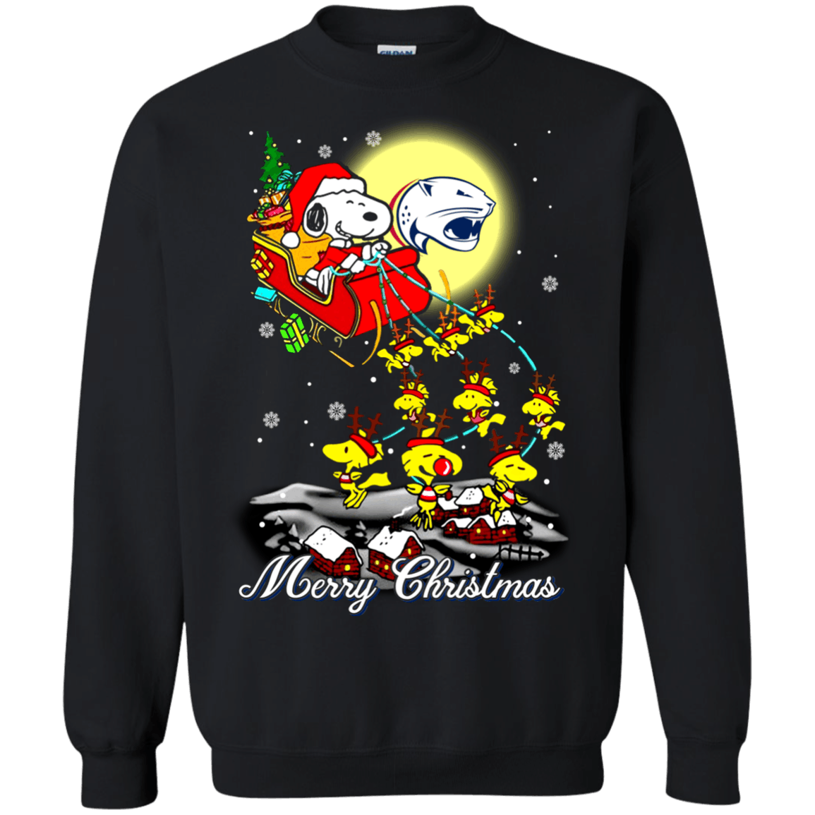 Super South Alabama Jaguars Ugly Christmas Sweaters Santa Claus With Sleigh And Snoopy Sweatshirts