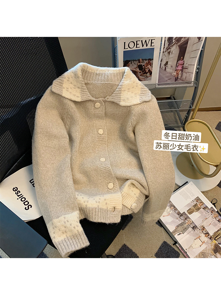 Sweet Cute Style Women Knitwear Autumn Winter Knit New Cardigan Turn-down Collar Chic Sweater Female Single Breasted Vintage alx