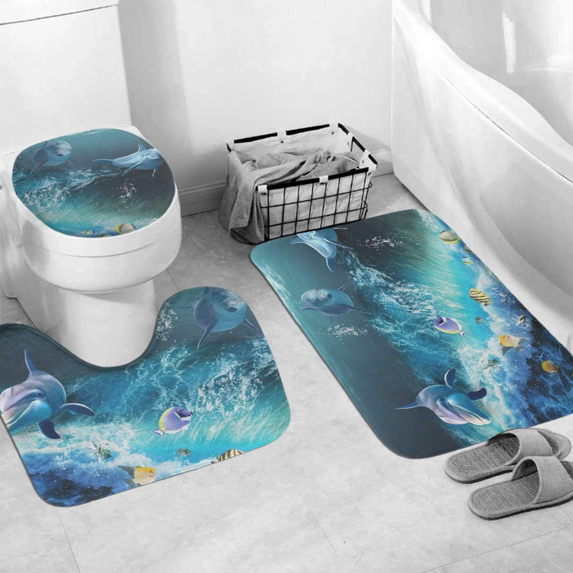 3D Ocean Dolphin Bathroom Mat Set