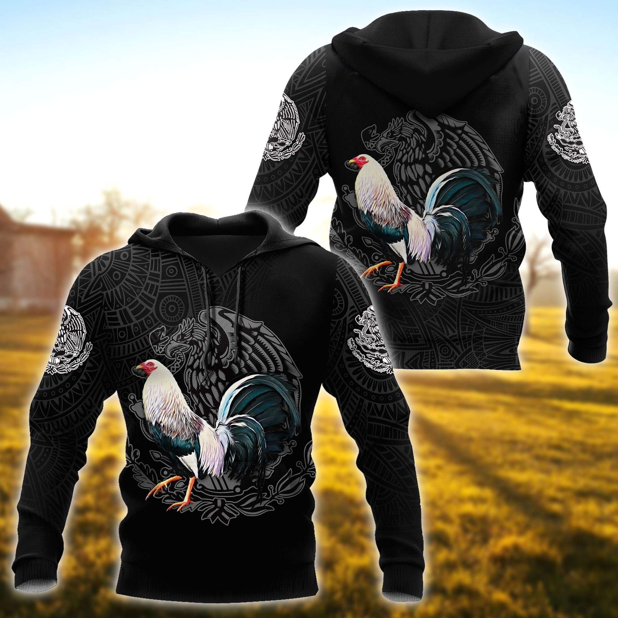 B&W Mexican Rooster Aztec Hoodie 3D