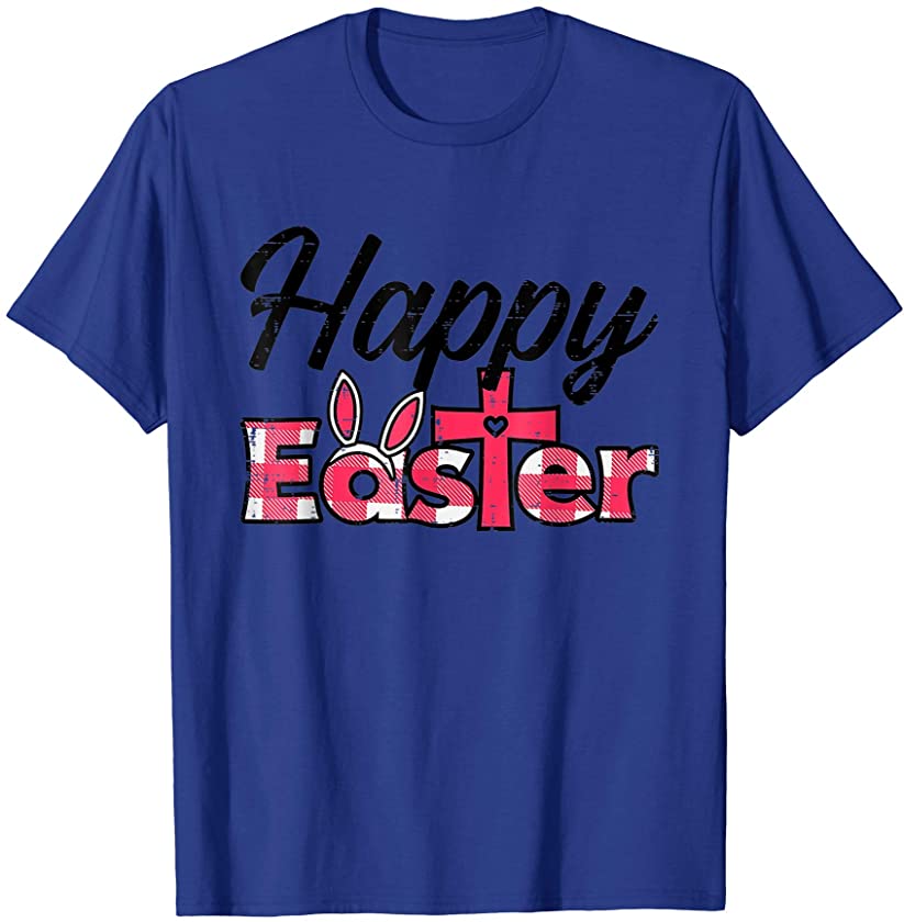 Plaid Happy Easter Bunny Ears Cross Cute Religious Christian T-Shirt