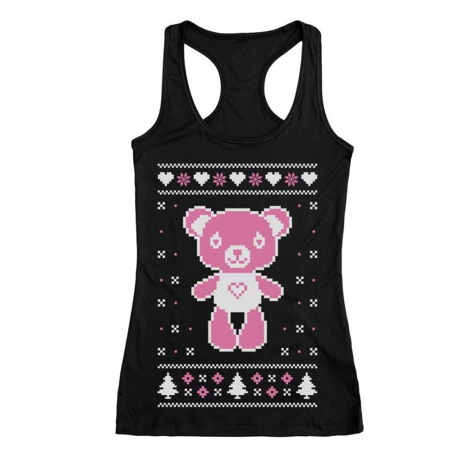 Big Pink Furry Bear Doll Ugly Christmas Sweater Funny Racerback Tank Top