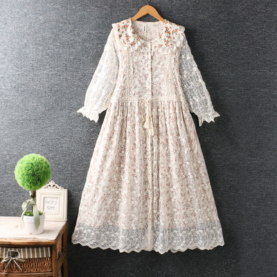 Summer New Women Lace Cotton Flower Loose Dress Doll Midi Dress alx