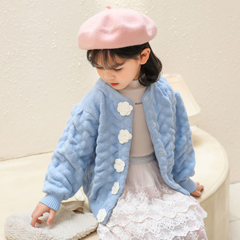 Spring And Autumn Girls’ Sweater Knitwear Children’S Clothing Cardigan 2022 New Girls’ Bubble Sleeve Coat Handmade Rose Sweater alx