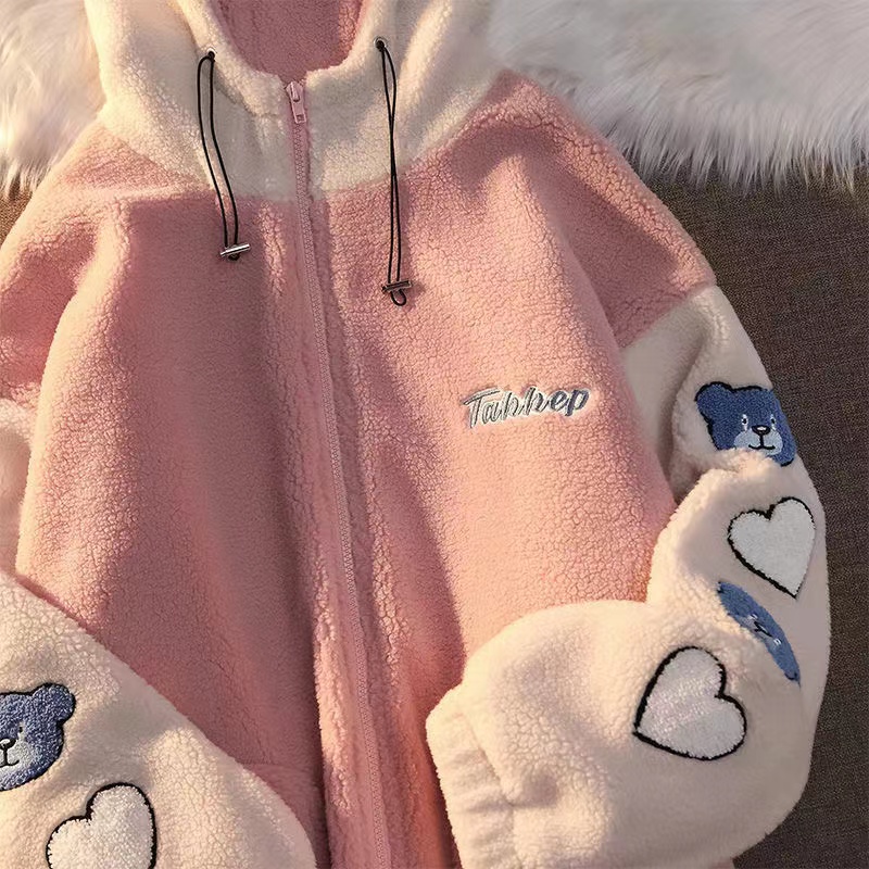 Velvet Embroidery Love Zipper Hoodies Coats Women’s Autumn And Winter Plus Velvet Padded Loose Hoodies Couple Lazy Wind Cardigan alx