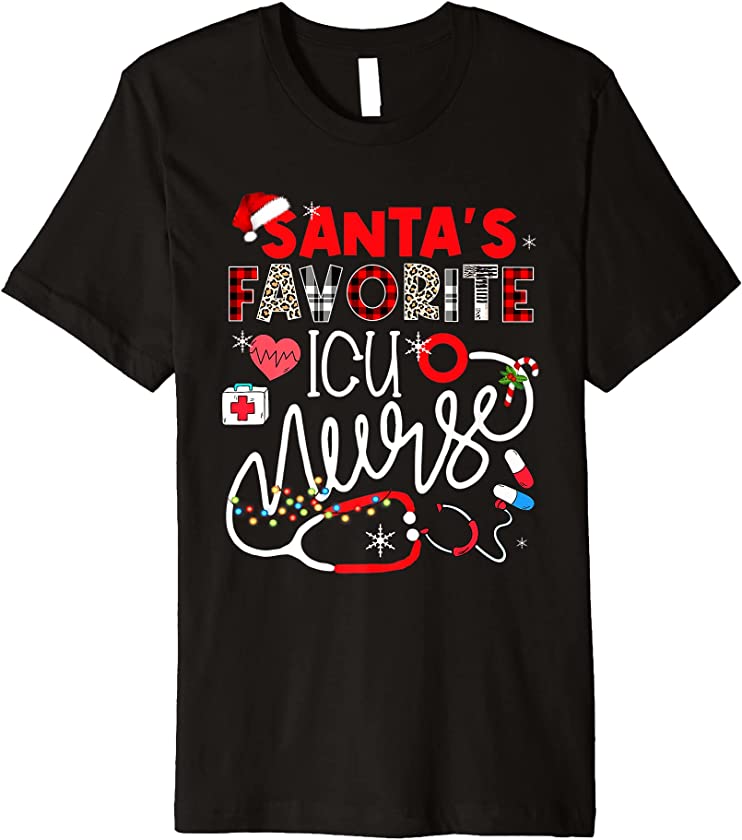 Santa’s Favorite ICU Nurse Xmas Lights Leopard Plaid Premium T-Shirt