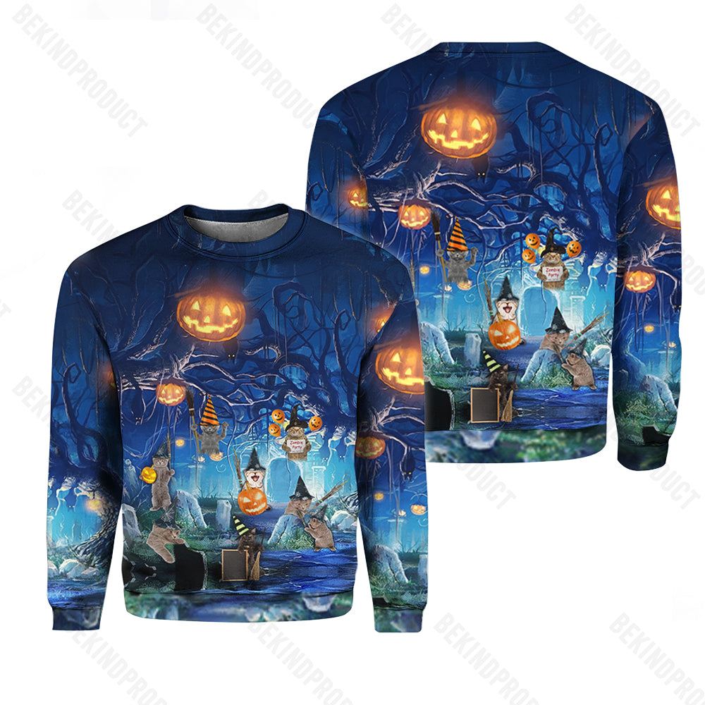 Halloween Night Cat Blue Crewneck Sweatshirt All Over Print Sweatshirt For Women Sweatshirt For Men Swn1210