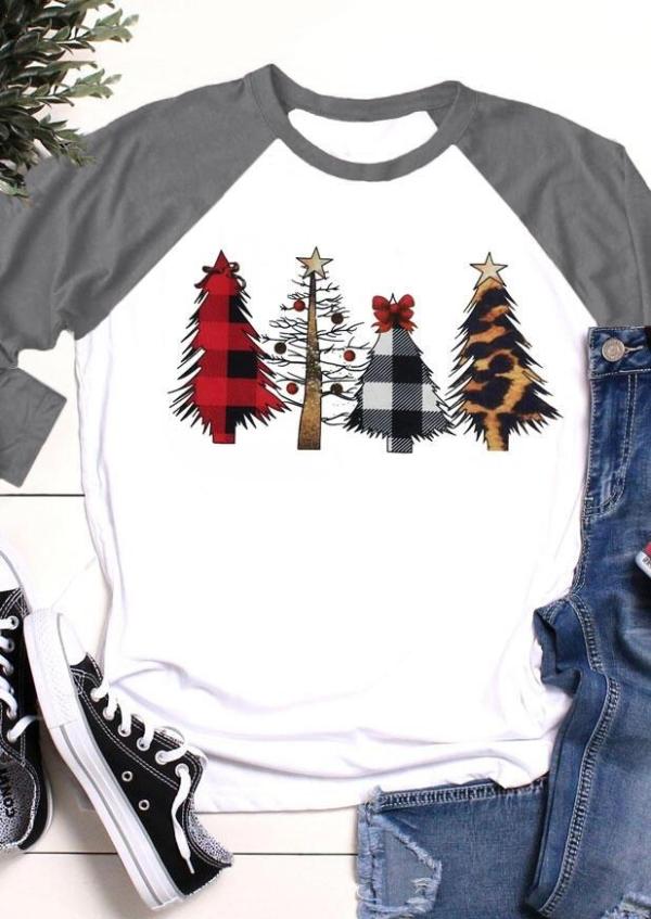 Christmas Plaid Tree Leopard Baseball T-Shirt