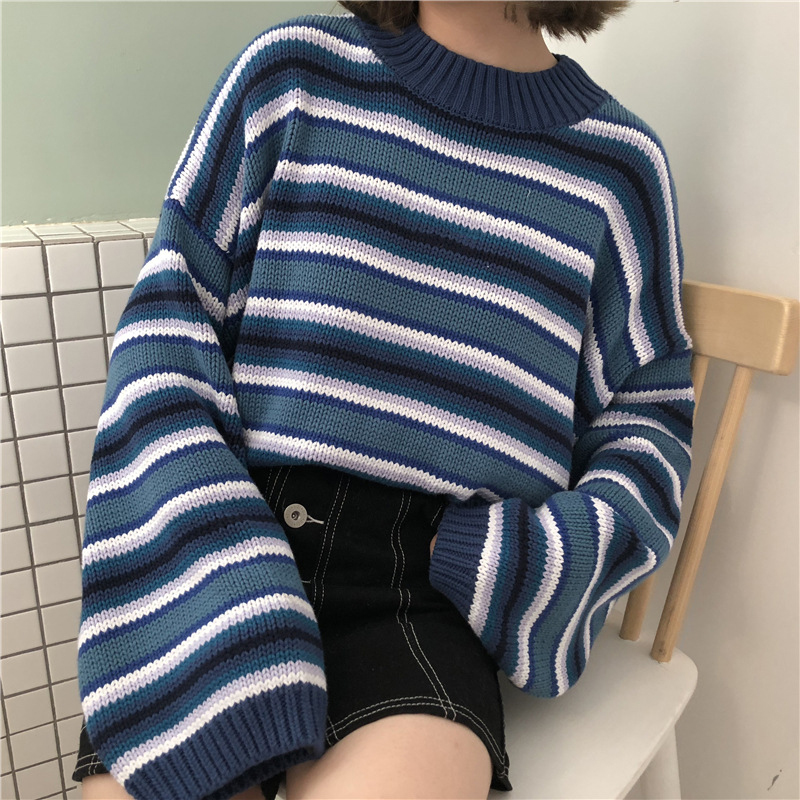 Women Harajuku Autumn Winter Sweater Blue & White Striped Jumper Embroidered Cropped Knit Oversized Sweater Pullovers Kawaii alx