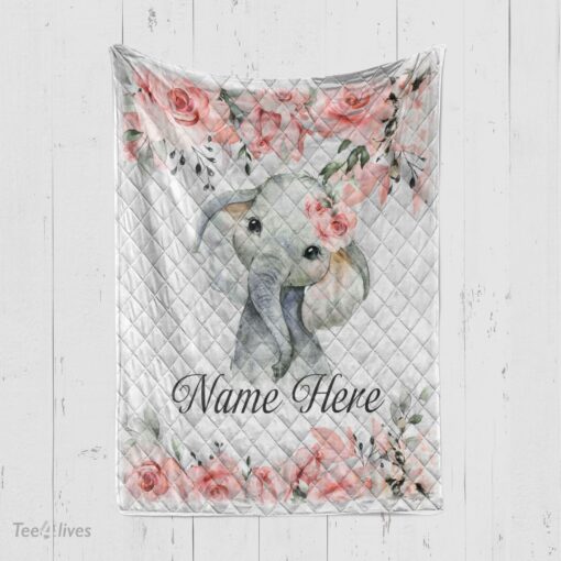 Baby Name Pink Floral Elephant Baby Soft Cozy Lightweight Premium Blanket