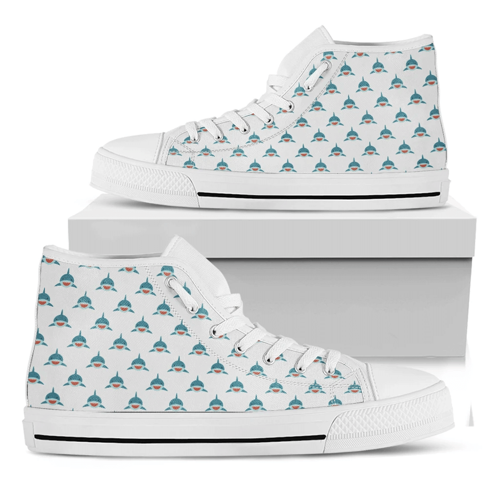 Smiley Shark Pattern Print White High Top Shoes For Men And Women