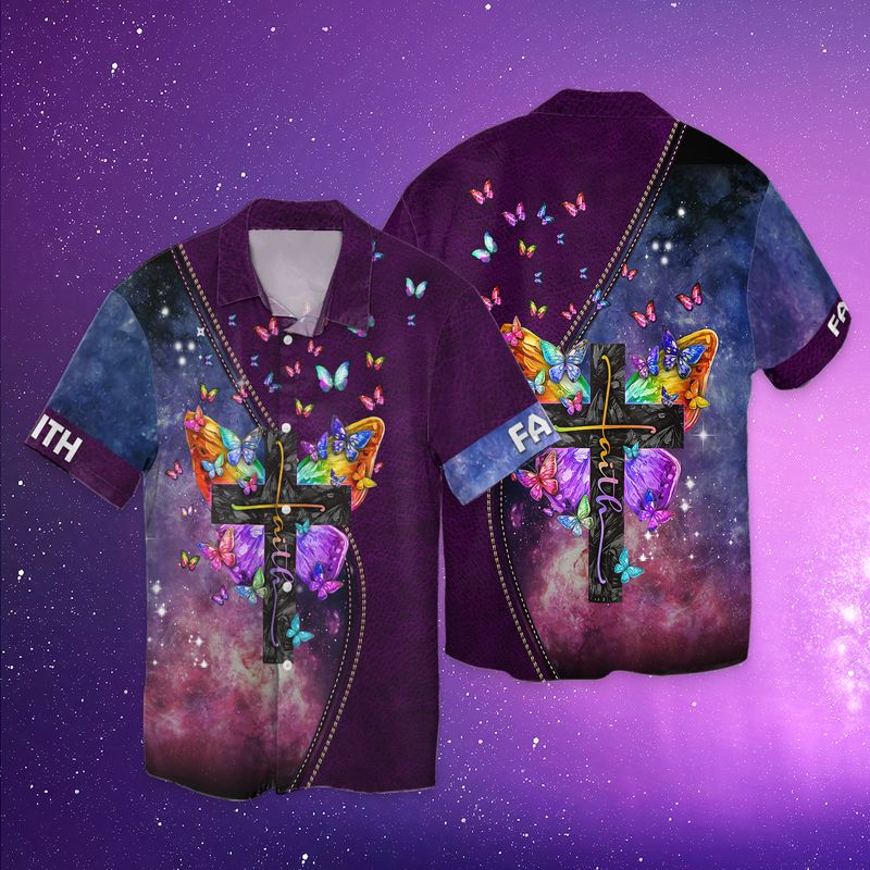 Faith Cross Floral Purple Butterfly Starry Galaxy Full Print Hawaii Shirt Ha17680