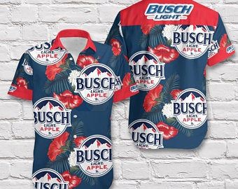 Beer Hawaiian Shirt Busch Light Apple Logo Hibiscus Flower Pattern Blue Red Aloha Ha97990