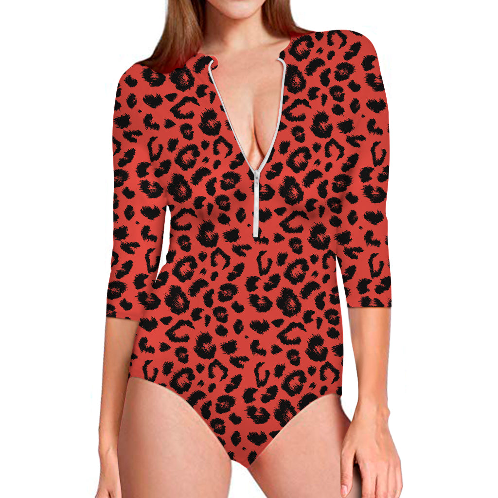 Red Leopard Print Long Sleeve One Piece Swimsuit