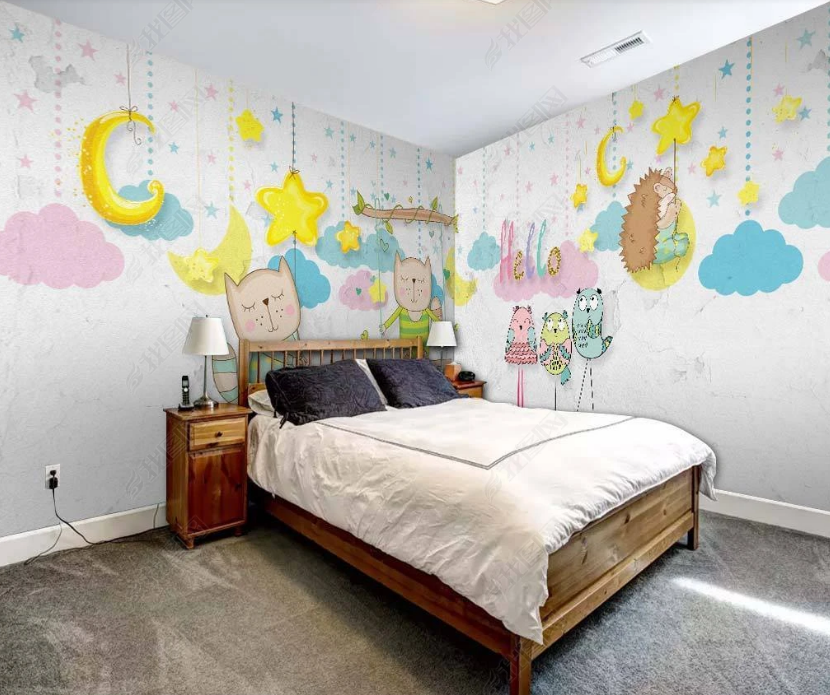 3D Cartoon Animal Sky Cloud Moon Star Wall Mural Wallpaper Lqh 25