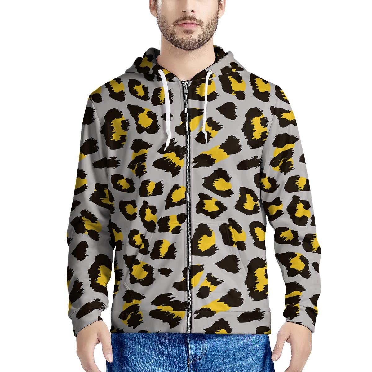 Grey Leopard Men’S Zip Up Hoodie