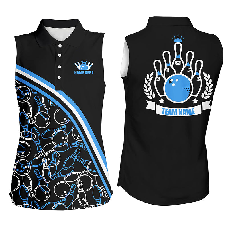 Personalized Bowling Sleeveless Polo Shirt Custom Name Black Blue Bowling Pattern, Bowling Team Shirts