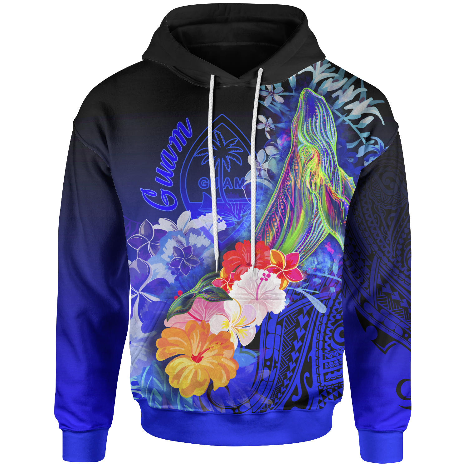 Guam Hoodie- Humpback Whale With Tropical Flowers (Blue)