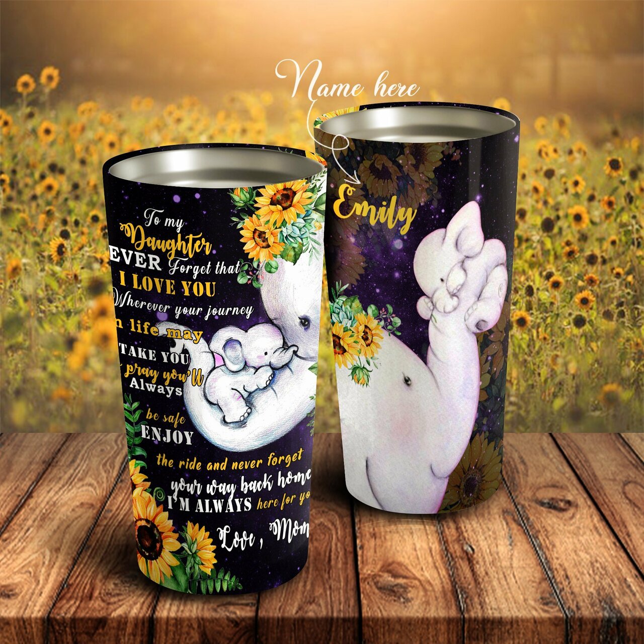 To My Daughter – Elephant Flower – Personalized Custom Stainless Steel Tumbler Customize Name, Text, Number 2