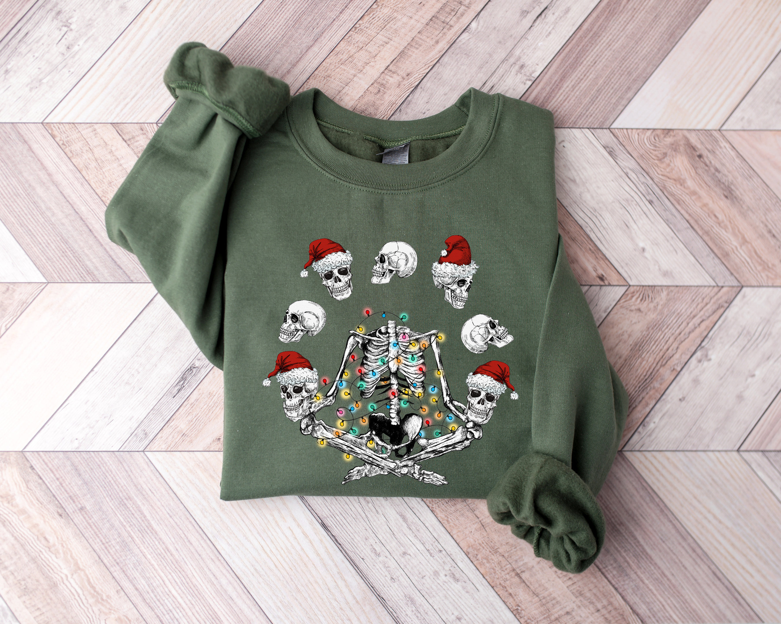 Yoga Skeleton Christmas Sweatshirt, Santa Skeleton Meditation Sweater, Skull Christmas Shirt, Funny Christmas Lights Crewneck x Skull Classic