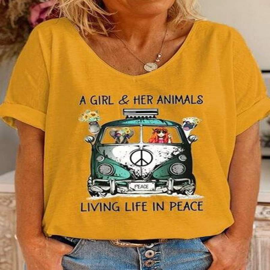 A Girl And Her Animals Living Life In Peace Print T-shirt