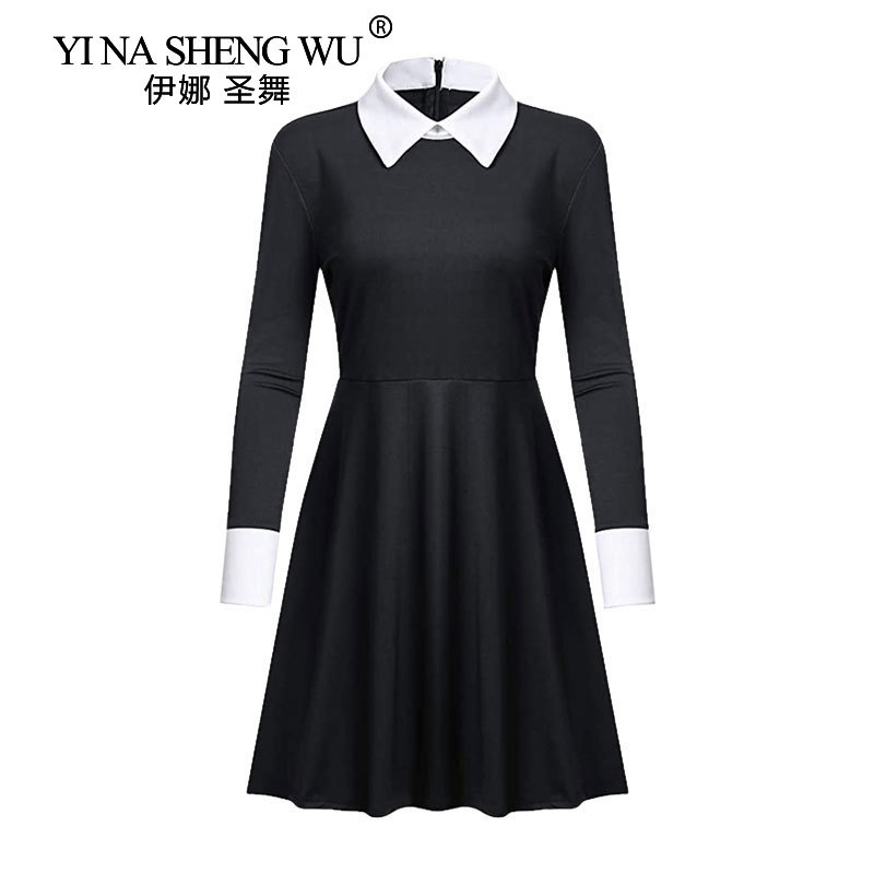 Anime The Addams Cosplay Family Wednesday Addams Costume Halloween Costume Cosplay Black Dress for Women Long Sleeve Skirt Gifts alx