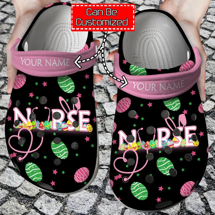 Nurse Crocs – Personalized Happy Easter Nurse Bunny Rabbit Holiday Clog Shoes For Men And Women