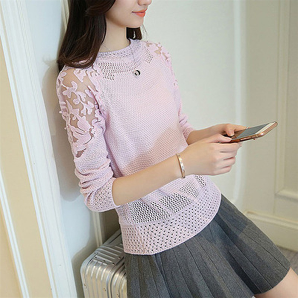 Spring new women’s lace beaded hollow long-sleeved sweater Korean thin loose round neck pullover sweater women H963 alx