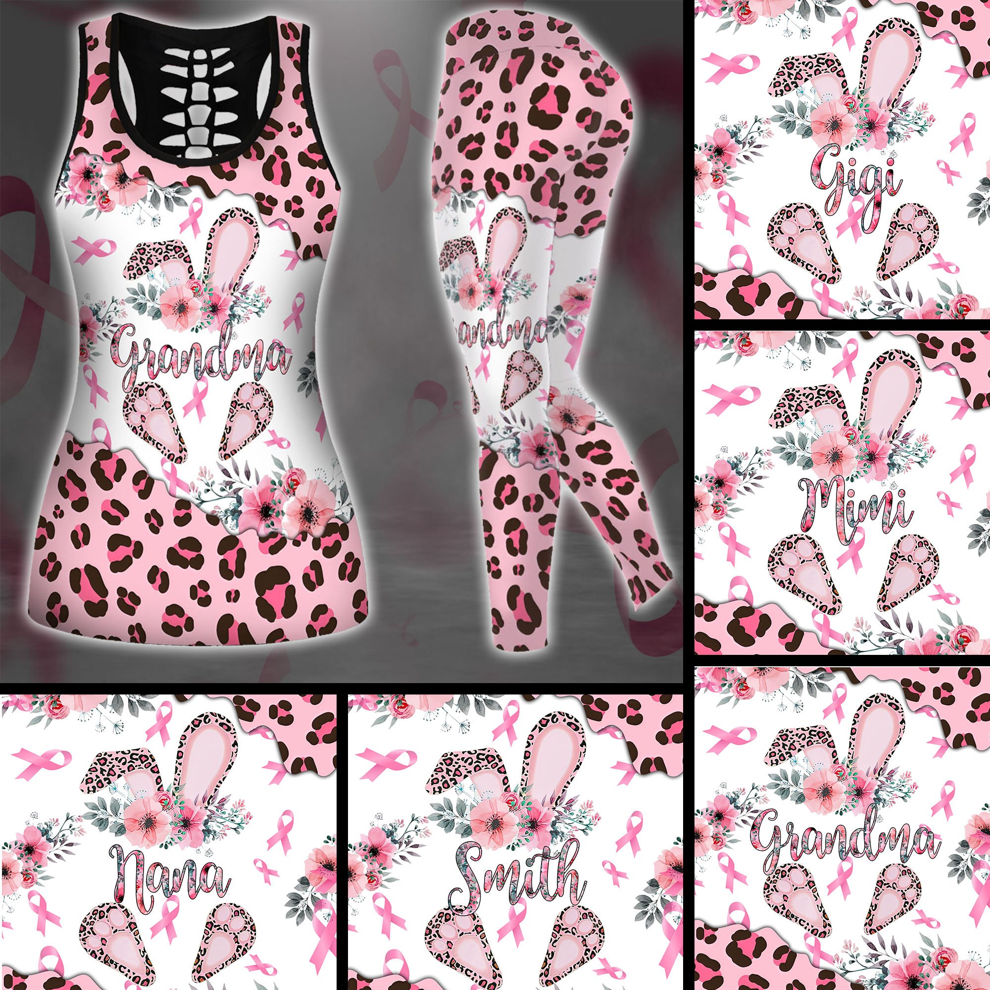 Personalized Breast Cancer, Pink Warrior, Grandma, Mama, Mom, Bunny Easter Leopard Hollow Tank Top & Leggings Set 250821006.Cta