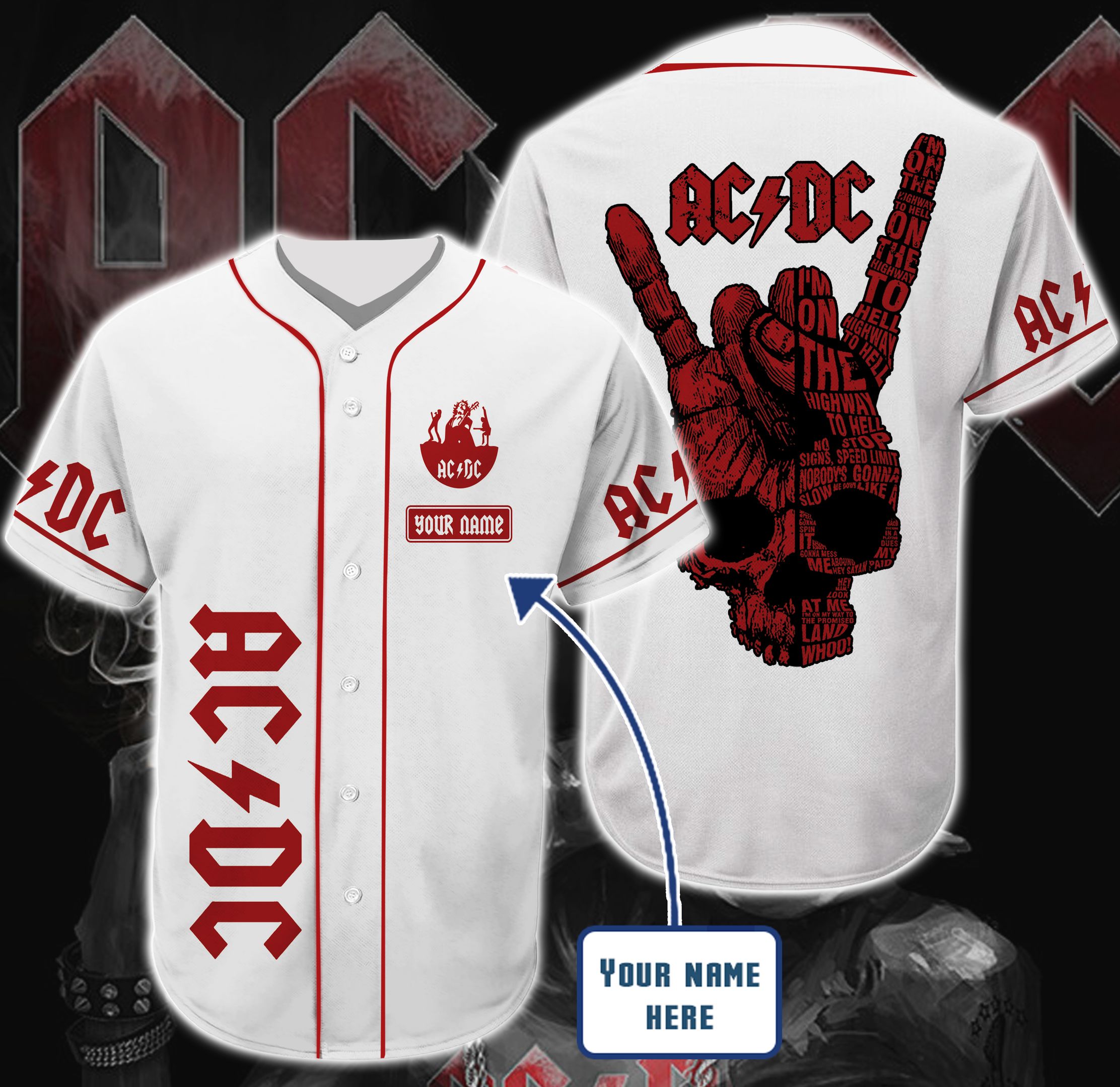 Ac Dc White And Red Personalized Custom Name Baseball Tee Jersey Shirt Unisex Men Women