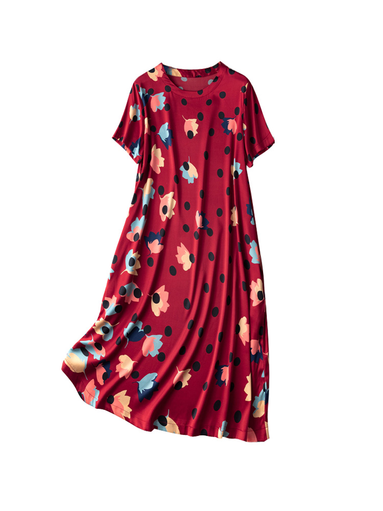 SuyaDream Women Mid Dress 22mm 93%Silk 7%Spandex Printed Short Sleeved O Neck Dresses 2022 Spring Summer Clothes Red alx