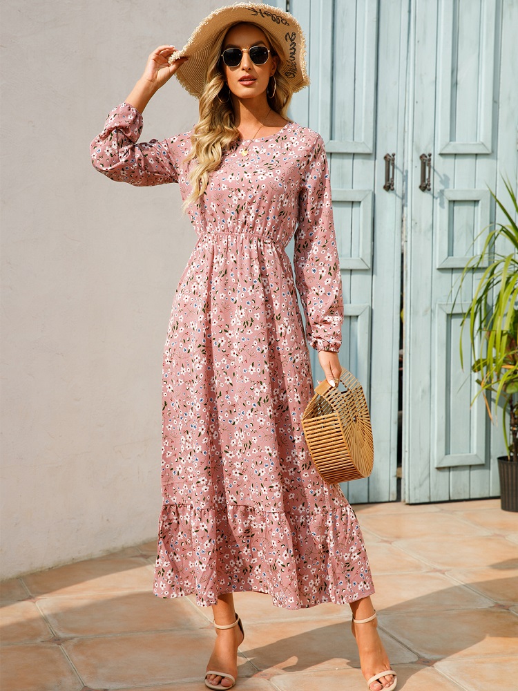 Spring/Summer 2022 Muslim Long Skirt Floral Pullover Long Sleeve Waist A-line Dress Willon Green Dress Dresses for Women Robe alx