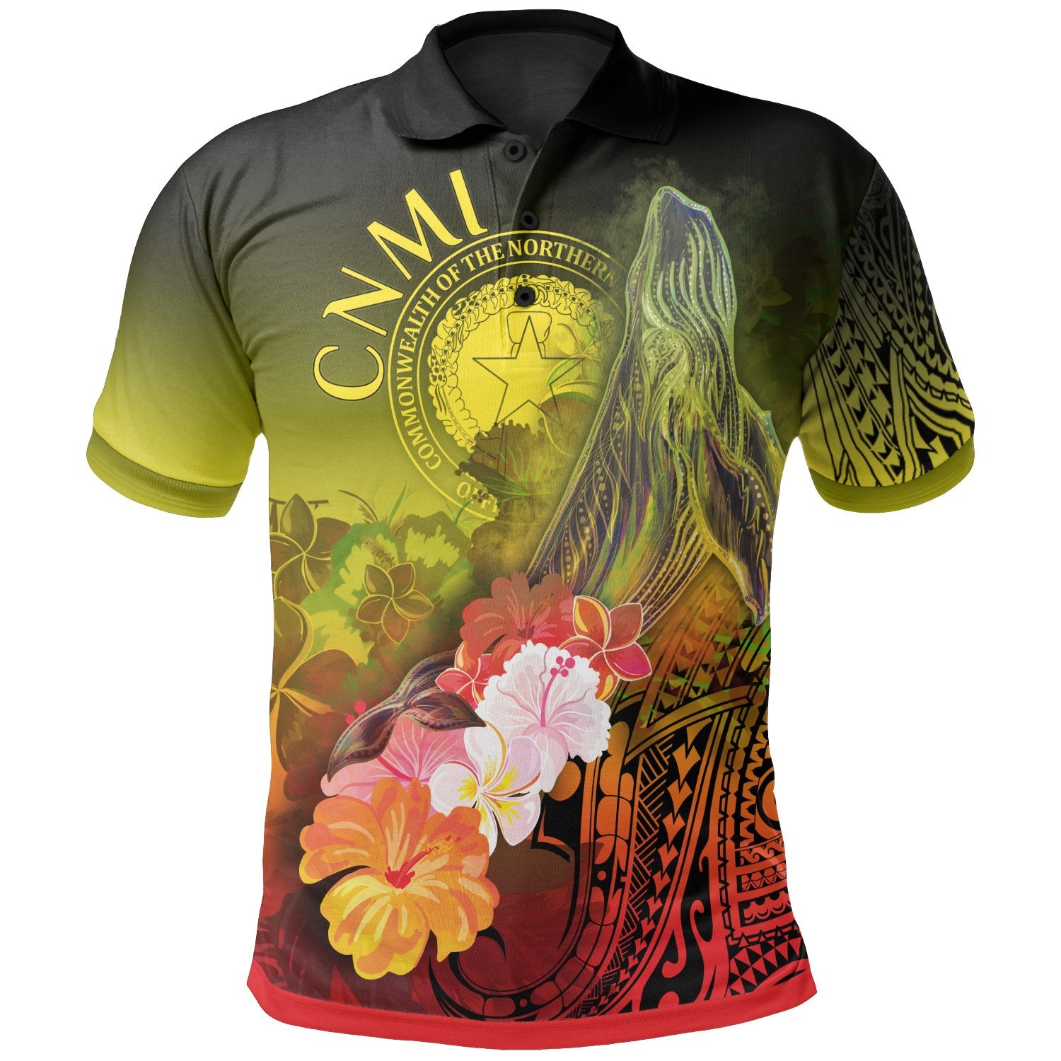 Cnmi Polo Shirt – Humpback Whale With Tropical Flowers (Yellow)