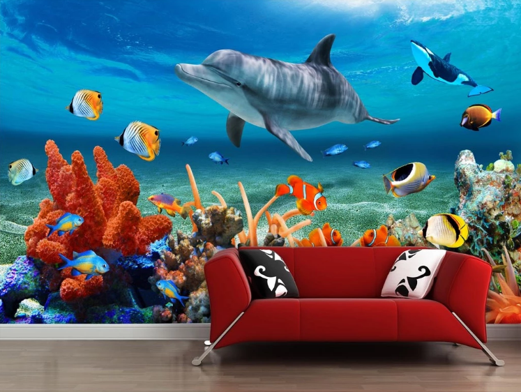 3D Seabed Dolphin Coral Fish Wall Mural Wallpaper Sf519