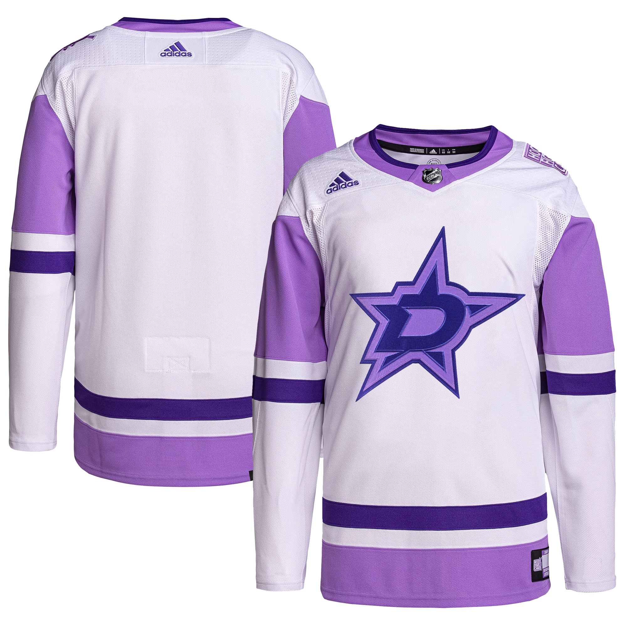 Men's Dallas Stars adidas White/Purple Hockey Fights Cancer Primegreen Authentic Blank Practice Jersey