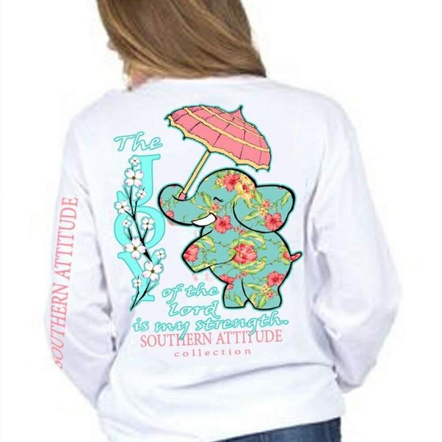 Southern Attitude Preppy Joy Elephant White Long Sleeve T-Shirt