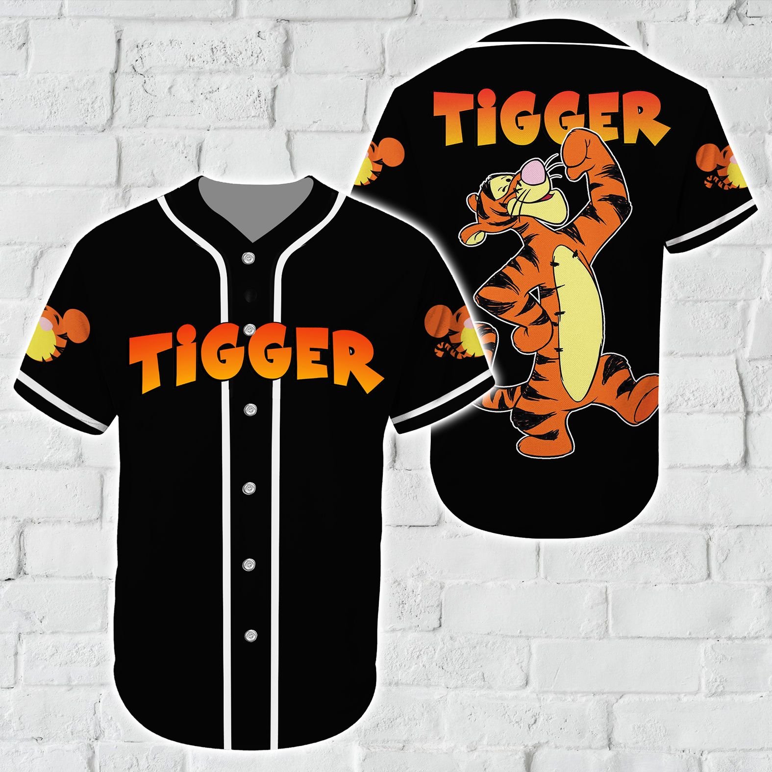 Cartoon Character Tigger Color Baseball Tee Jersey Shirt Black All Over Printed 3D Unisex Men Women