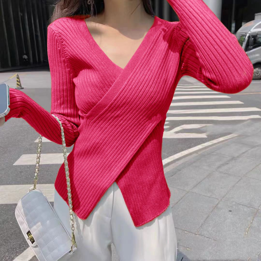 White Sexy Slits Knit Pullover Low V Collar Sweater Women’s T-shirt Sweaters for Women Pull Slim Top Cloth Shirt Clothes Tights alx