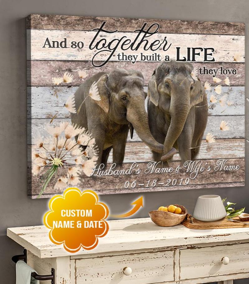 Personalized Name Text Canvas, Poster  And Elephant Couple Wall Art – And So Together