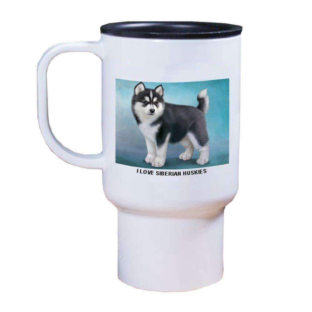 Black And White Siberian Husky Puppy Dog Travel Mug