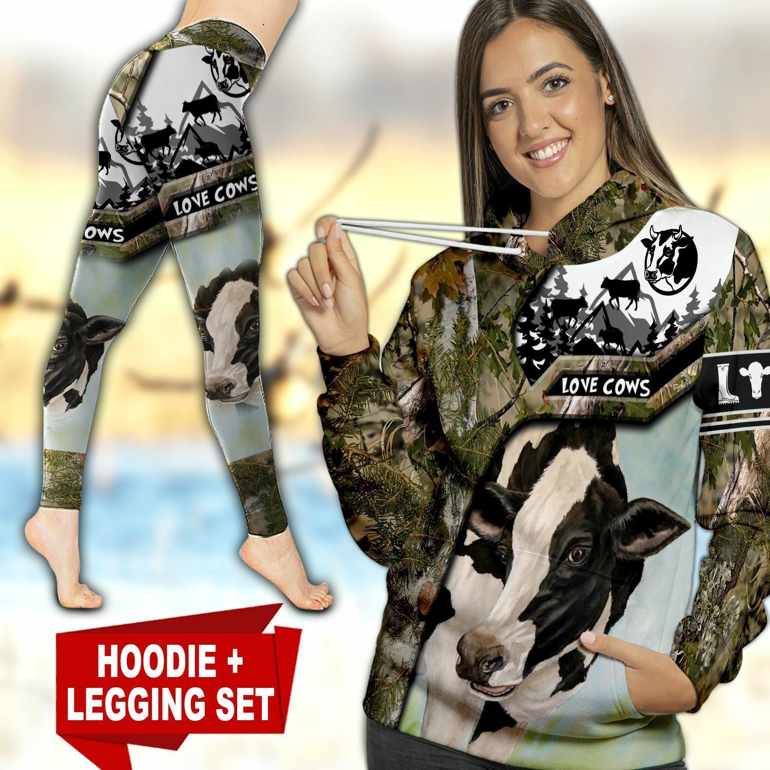 Cows Camouflage Unique 3D Printed Sublimation Leggings Hoodie Set Hooded Sweatshirt Comfy Yoga Pants Tummy Control CTC1401113