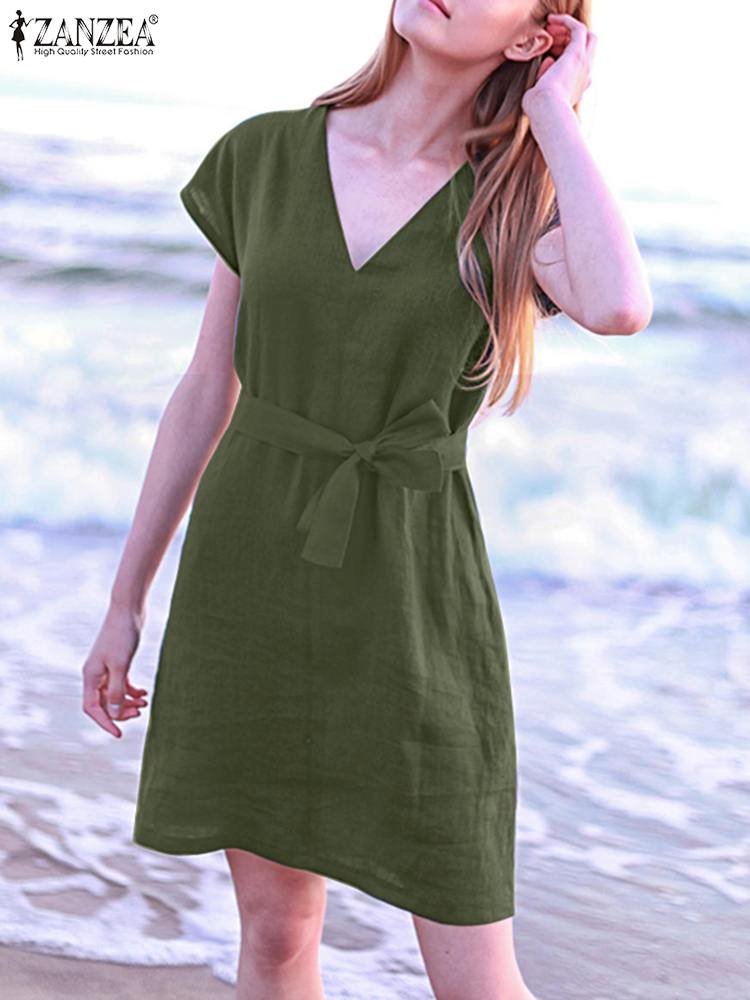 Summer Elegant V Neck Short Sleeve Dress ZANZEA Fashion Women Knee-length Vestidos Beach Casual Sundress Ladies Solid Robe Femme alx