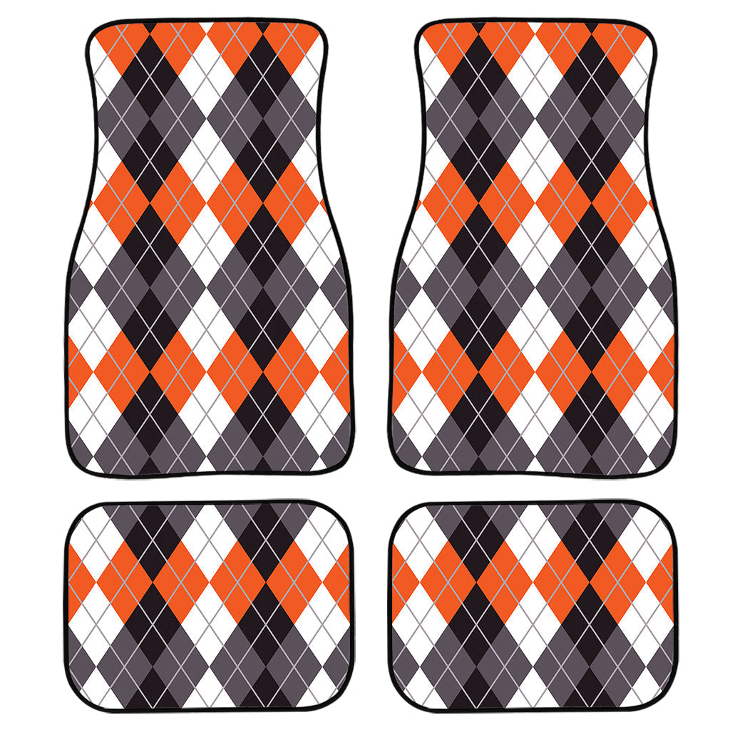 Grey Black Orange And White Argyle Print Front And Back Car Floor Mats, Front Car Mat