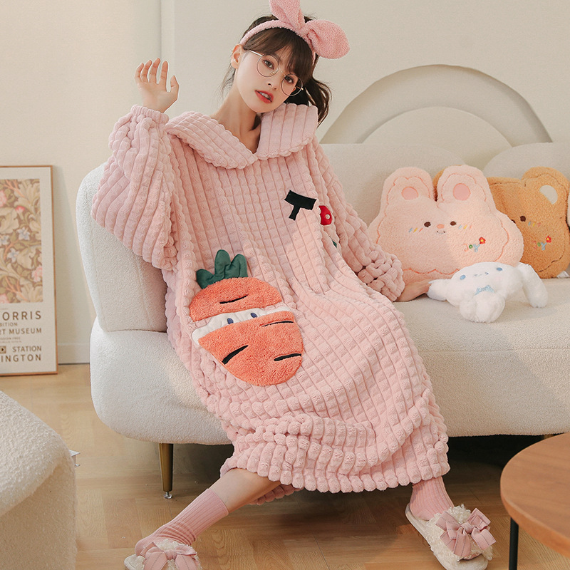 2022 New Winter Thicken Women Night Dress Sleepwear Korean Loose Girls Dresses Flannel Soft Warm Cartoon Chick Kawaii Nightwears alx