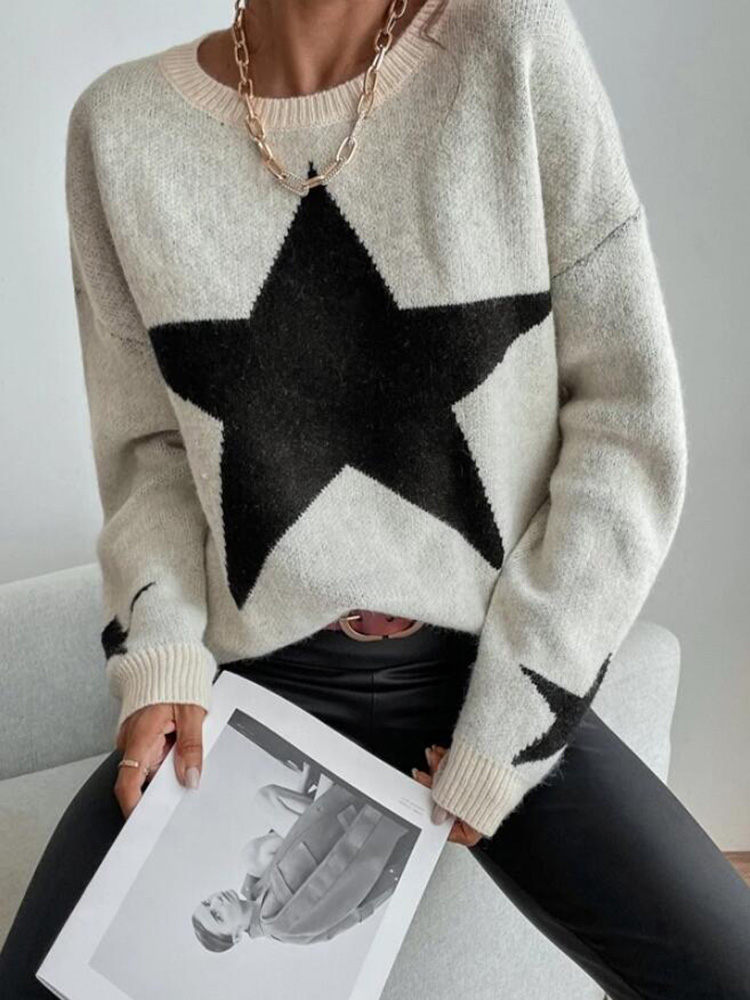 Women Girl Autumn Winter Drop Shoulder Star Pattern Sweater alx