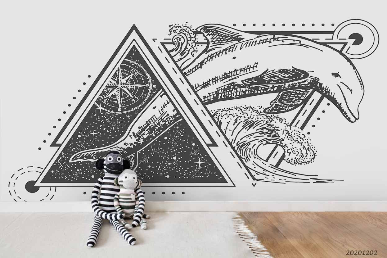 3D Hand Drawn Dolphin Tattoo Art Style Triangle Frame Wall Mural Wallpaper Lxl