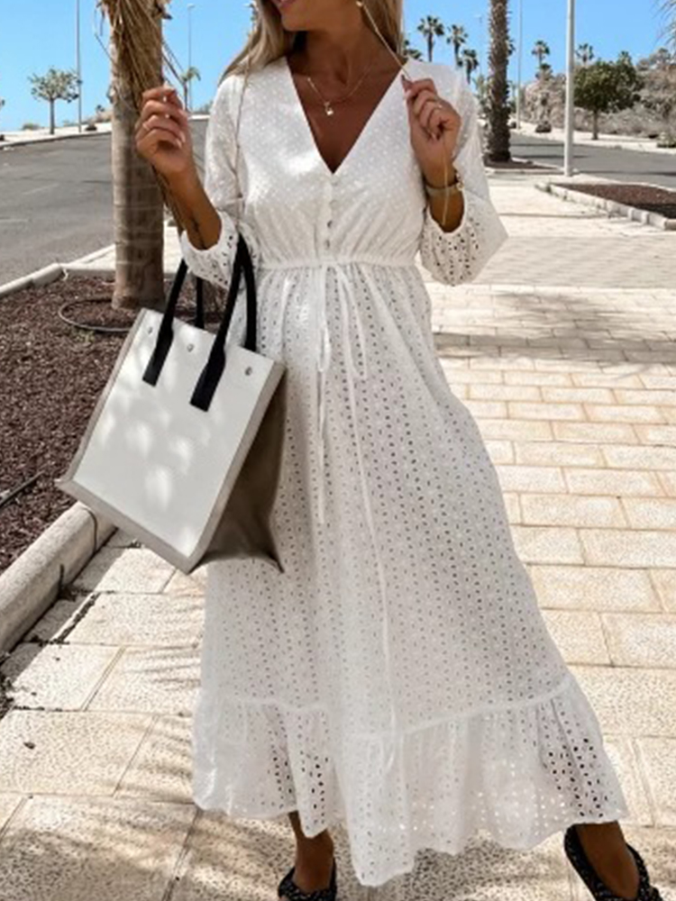 Spring Embroidery Flower Lace Maxi Dress Women Stand Collar Button Long Shirt Dress Summer Puff Sleeve Spliced Party Dress Belt alx