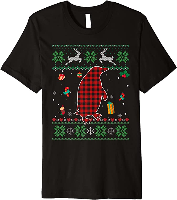 Funny Penguin Red Plaid Christmas Ugly Animals Lover Premium T-Shirt